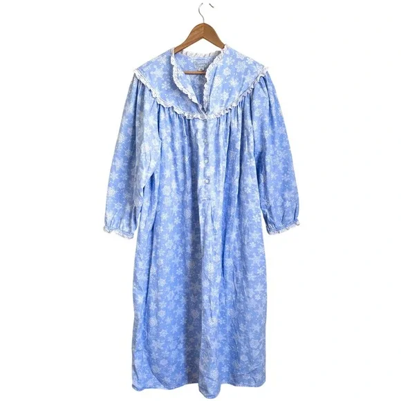 Lanz of Salzburg Womens Snowflake Nightgown Size L Blue Flannel Lace Trim Modest - Picture 3 of 11